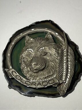 Rare Vintage Colorado Wolf Silvertone on Slice of Natural Agate Blue Green Slab